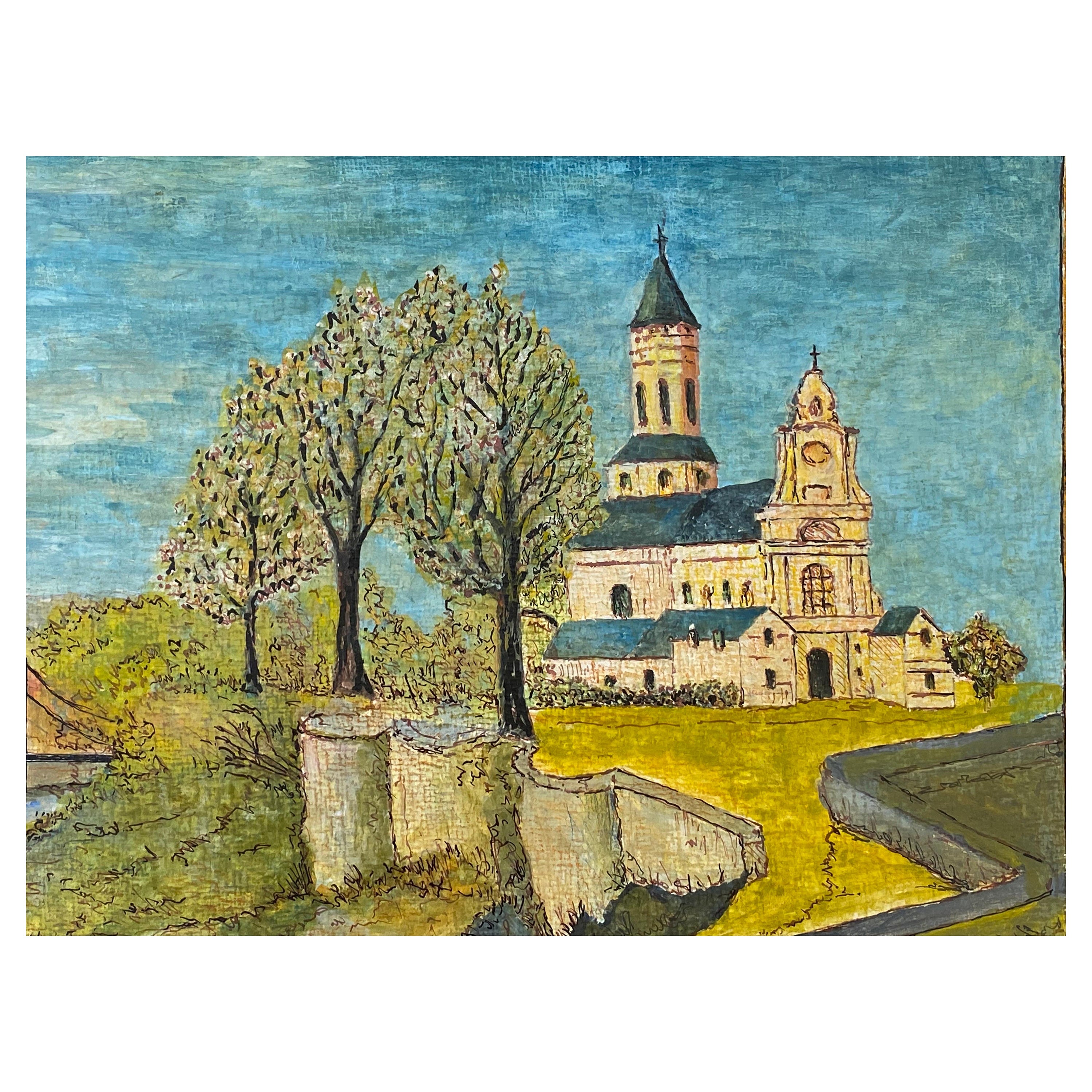 Peinture moderniste signée des années 1950, paysage d'église française paisible