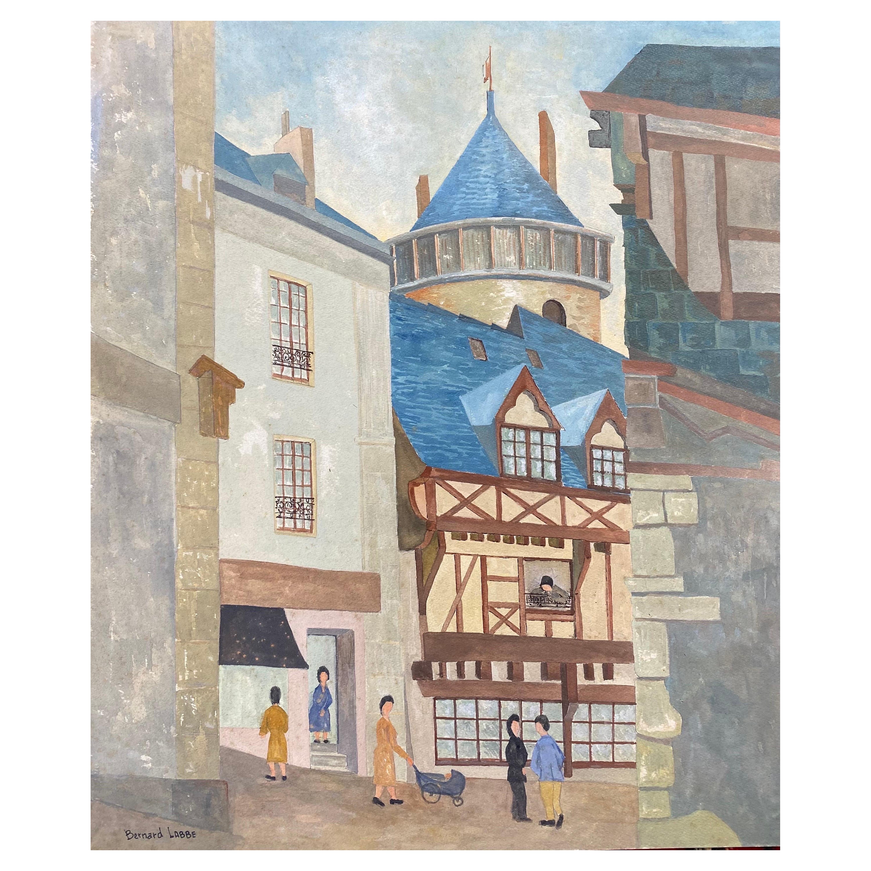 1950's Modernist Signed Painting, Figures in French Town For Sale