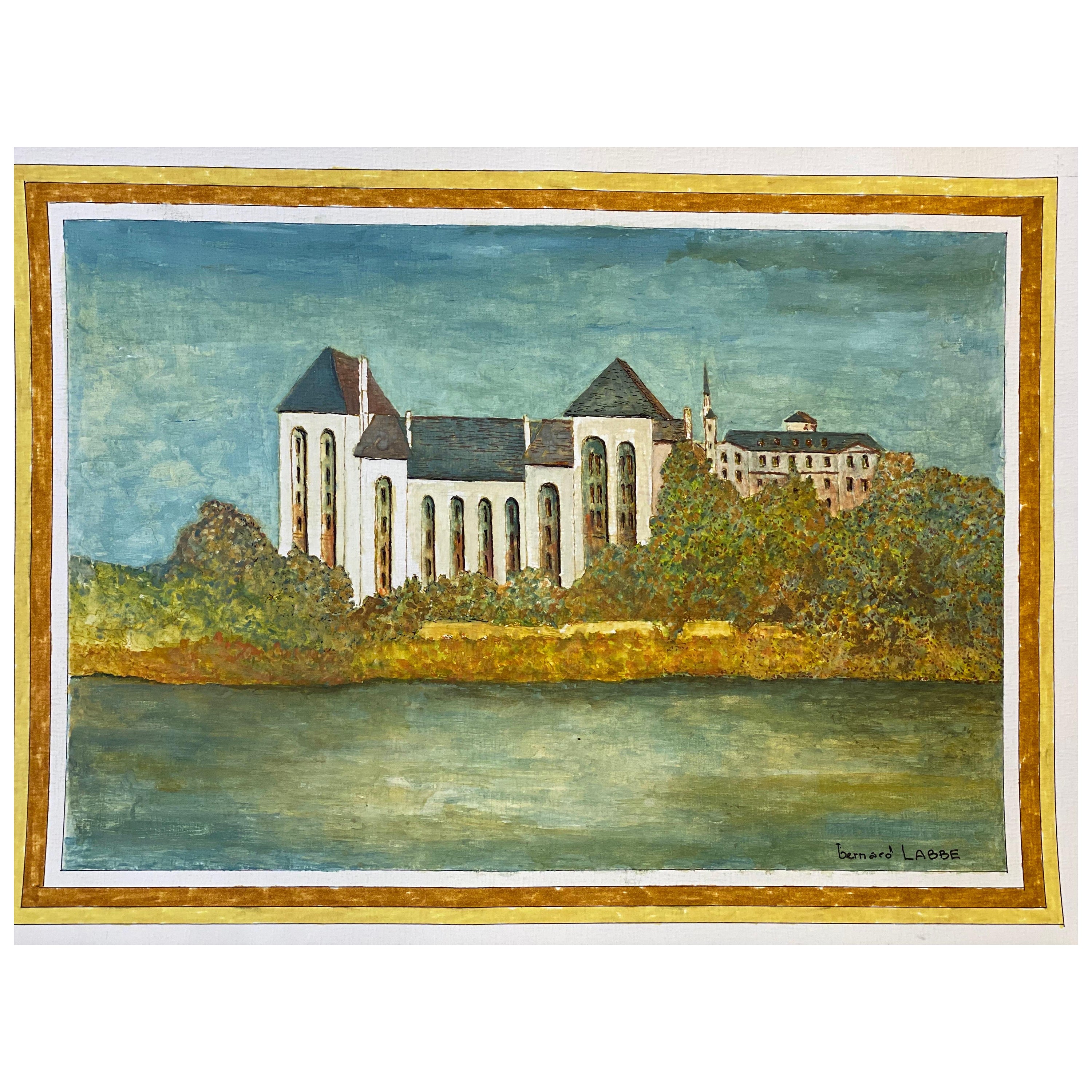 Peinture moderniste des années 1950, grand bâtiment français au-dessus de la rivière