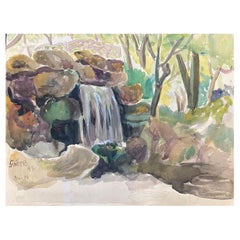 Signed French Forest Landscape, Beautiful Rock Waterfall