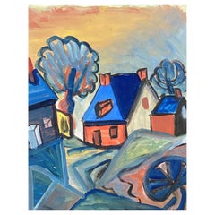 Vintage French Abstract Of Town, Vibrant French Town