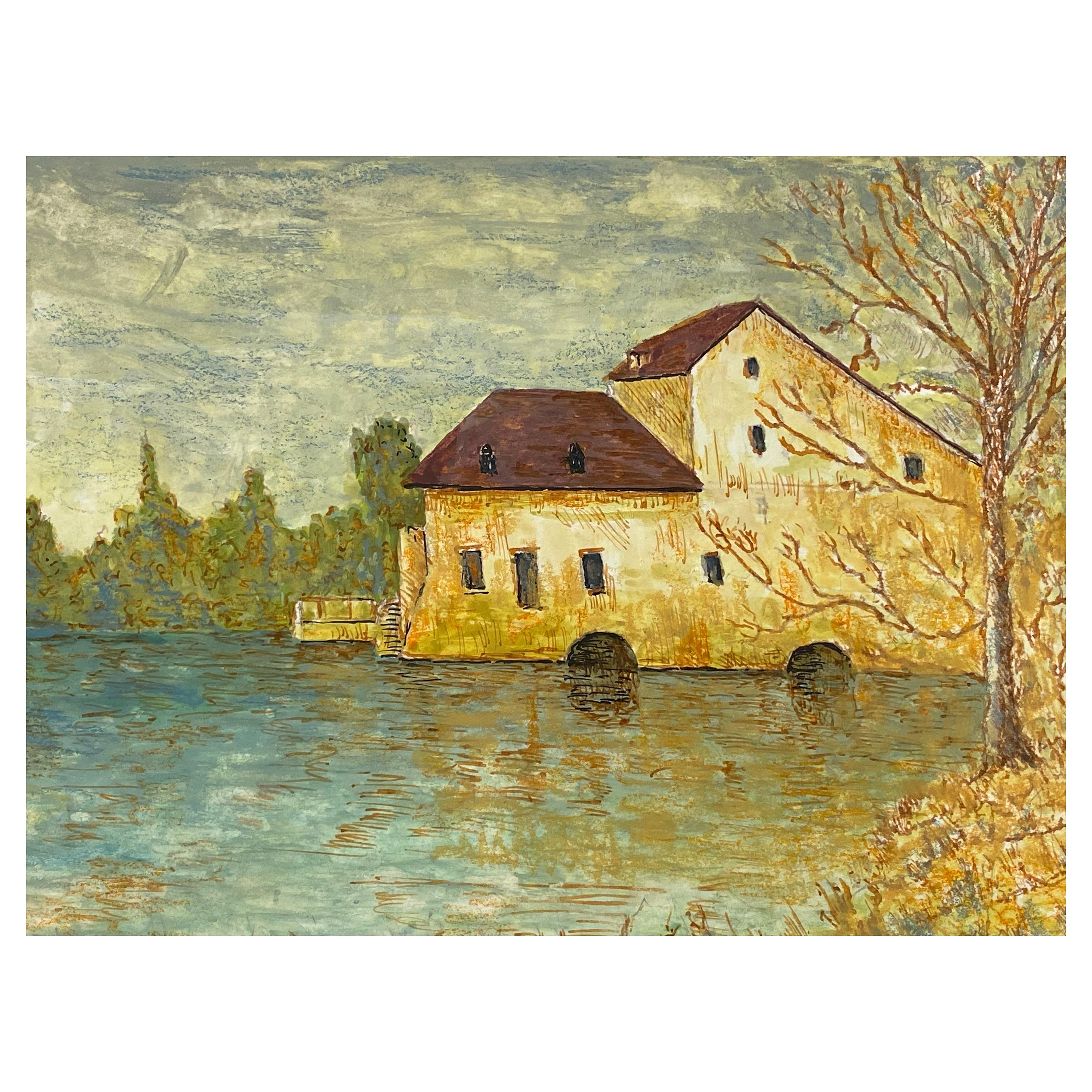 Peinture moderniste des années 1950, bâtiment français au-dessus d'un lac