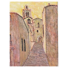 Vintage 1950's Modernist Painting, French Steps Up to The Church