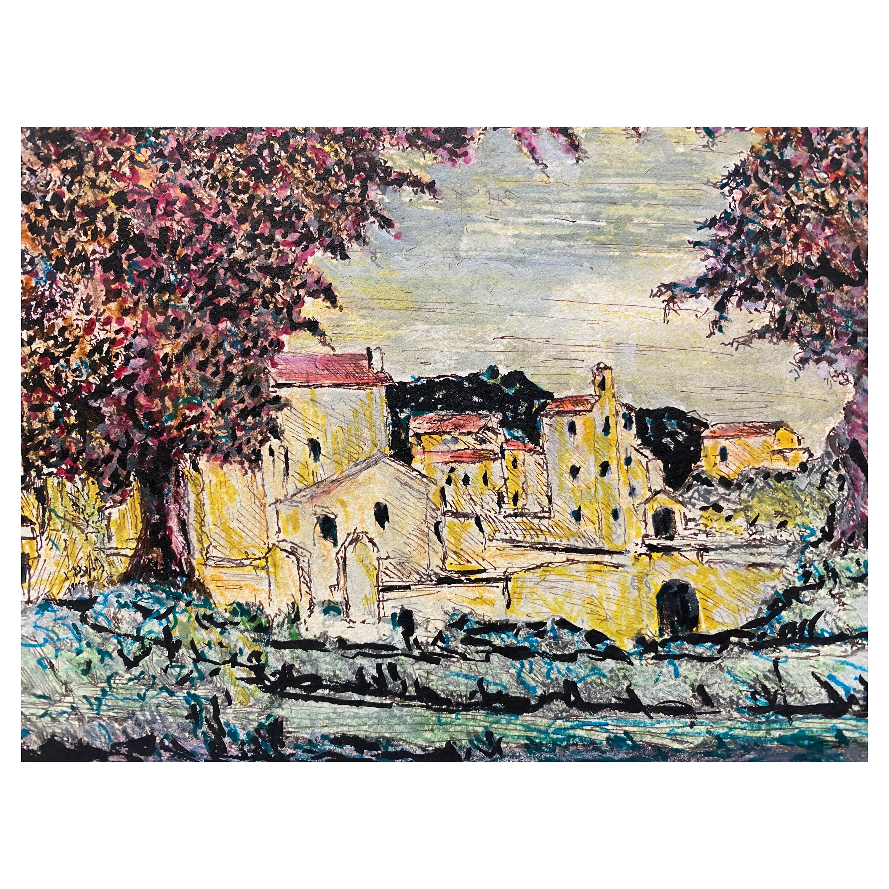1950's Modernist Painting, Landscape of a French Town For Sale