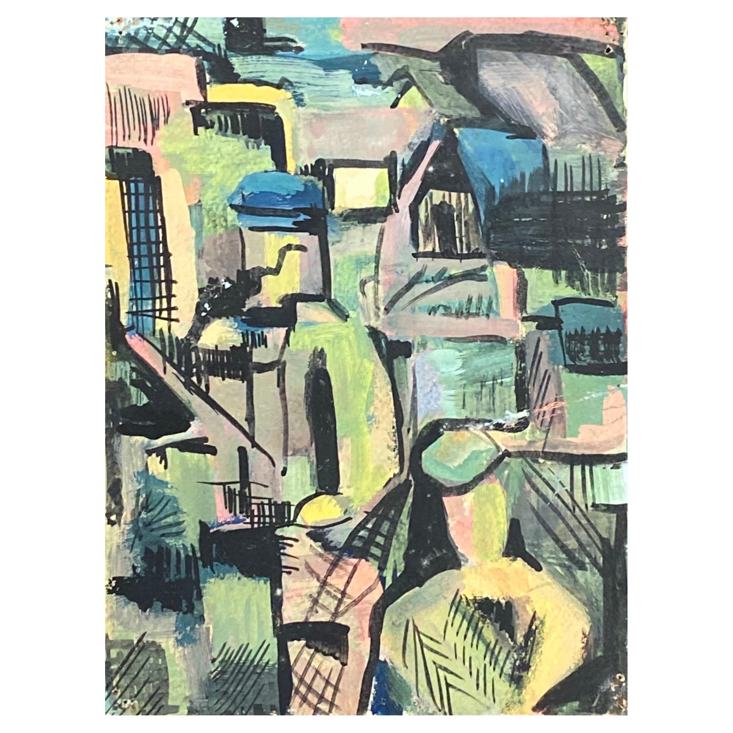 1950's Modernist Painting, Small Abstract French Town