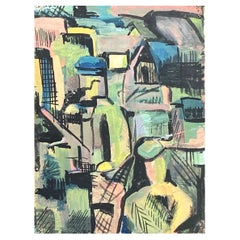 1950's Modernist Painting, Small Abstract French Town