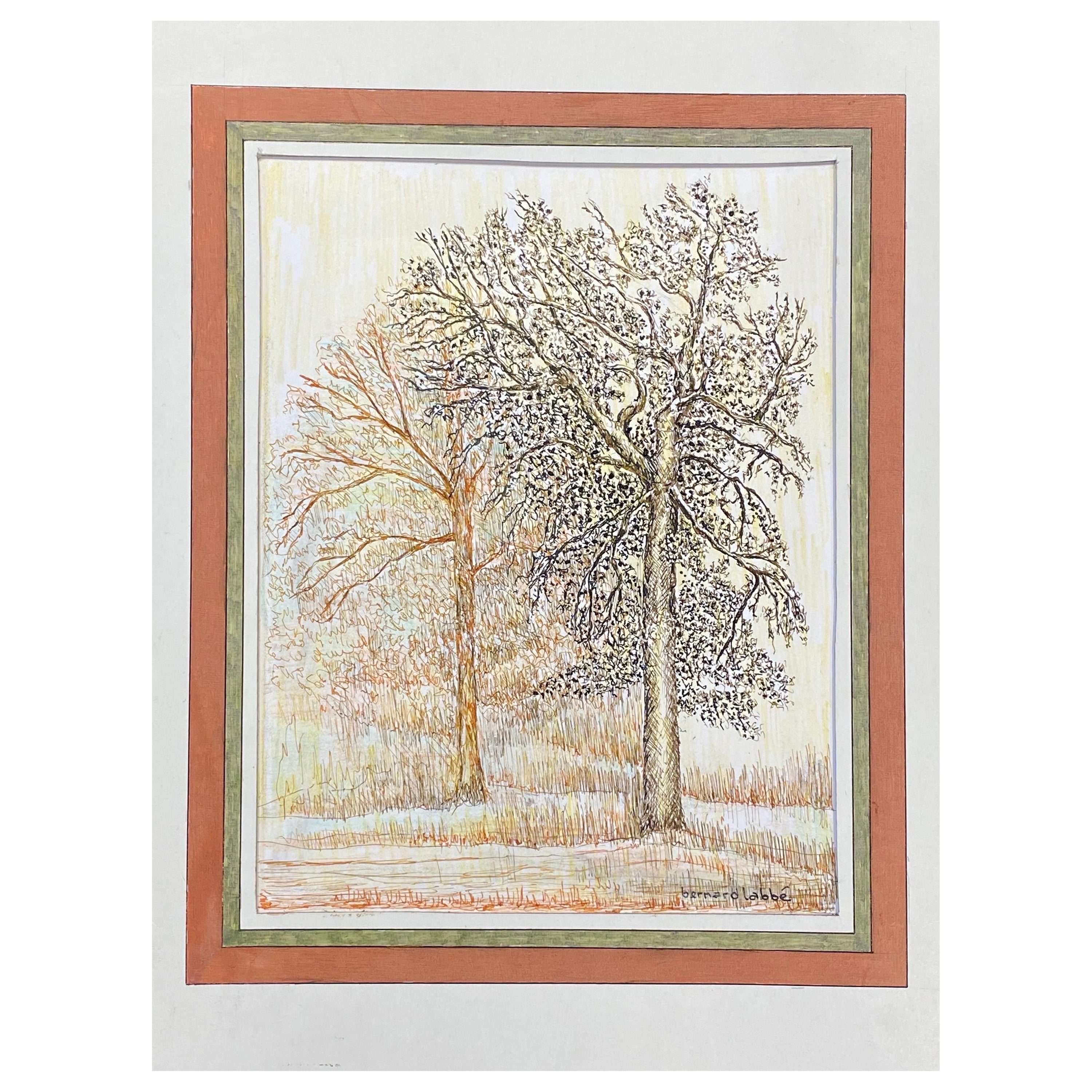 1950's Modernist Signed Painting, The Two Trees In Field For Sale