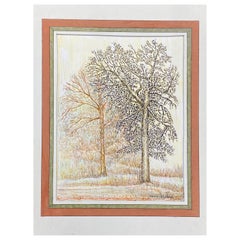 Peinture moderniste des années 1950 signée, The Two Trees In Field