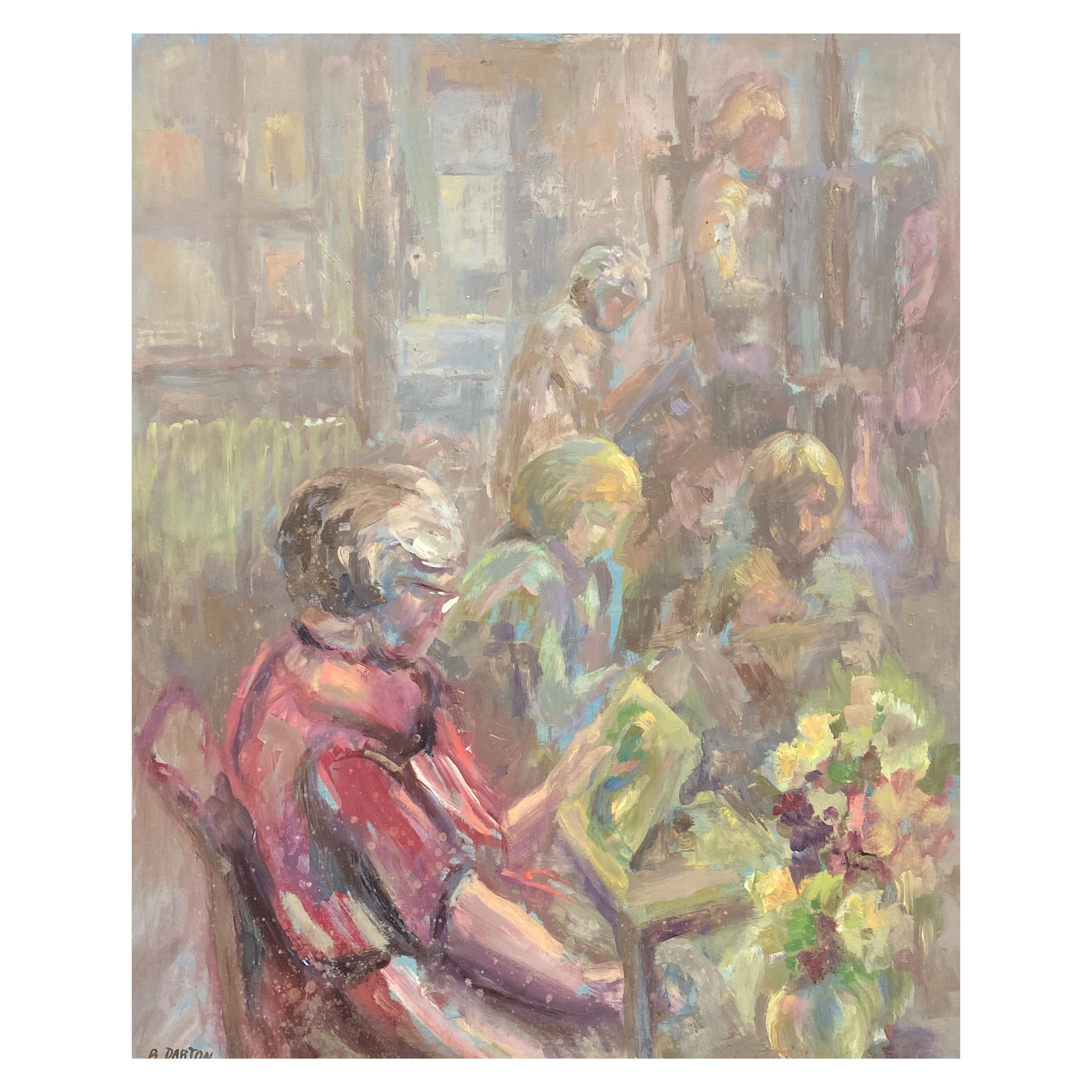 Signed Large 1960's British Original Oil Painting, Figures Reading For Sale