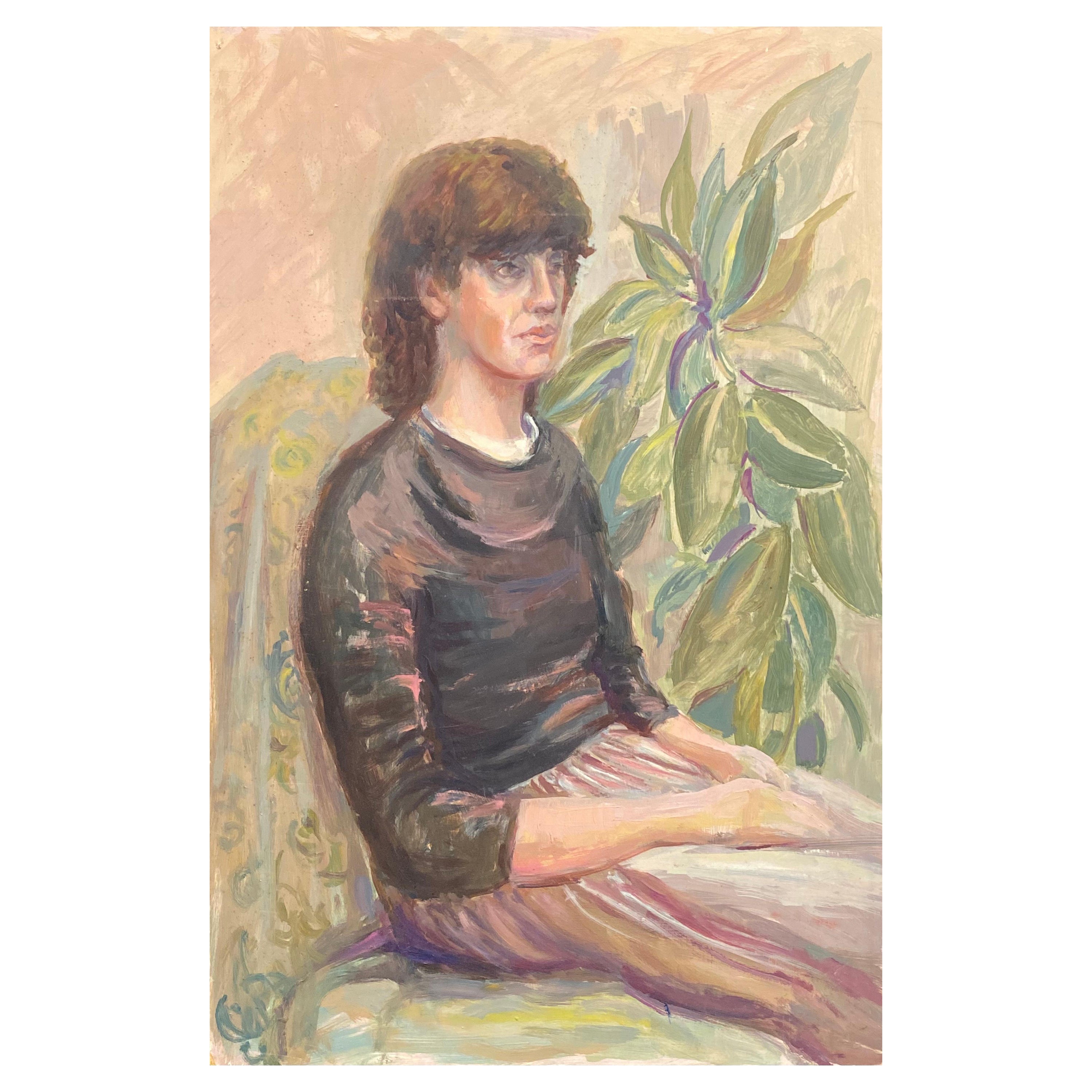 Large 1960's British Original Oil Painting, Lady Sat Among Green Plants For Sale