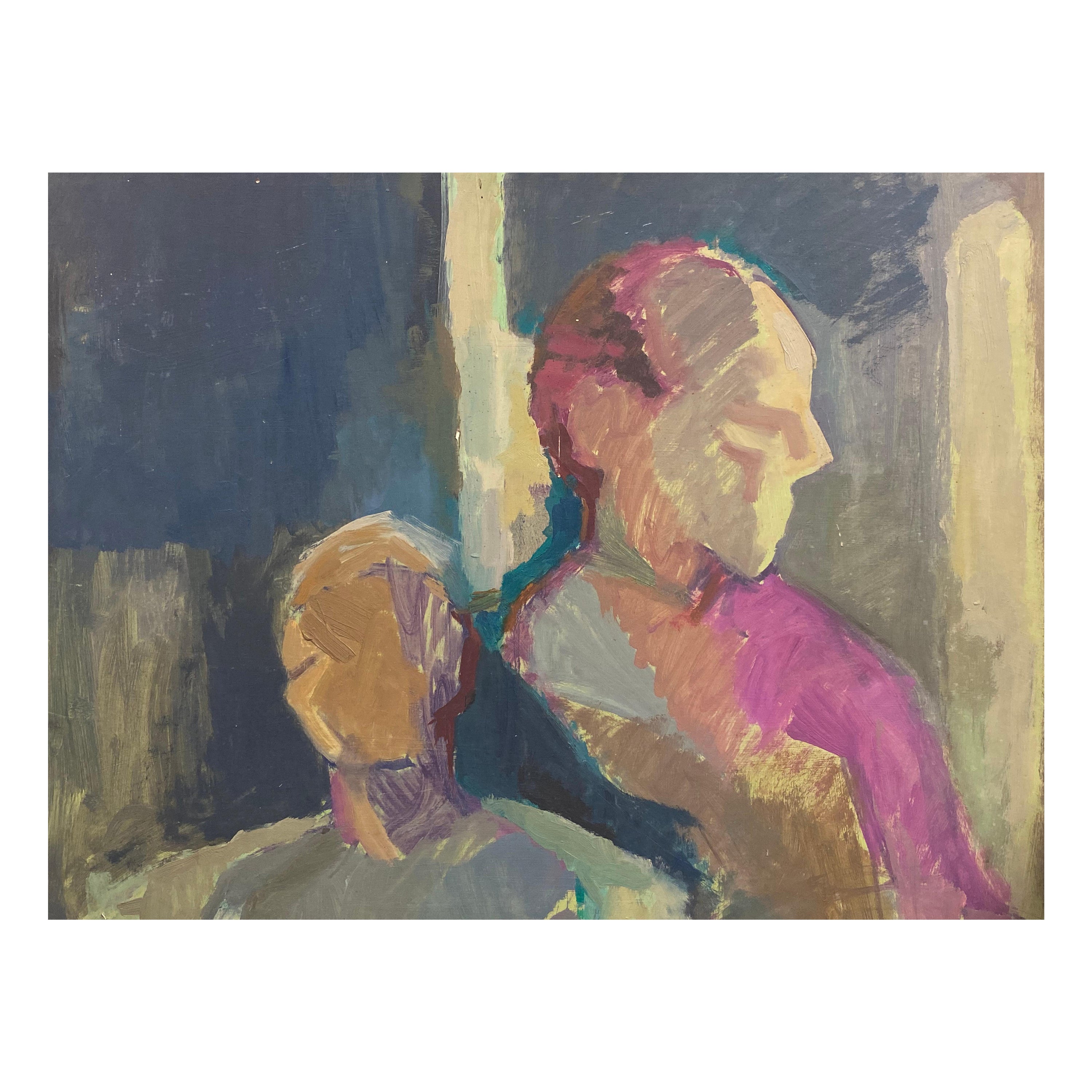 Grande peinture à l'huile originale britannique des années 1960, peinture abstraite de deux hommes