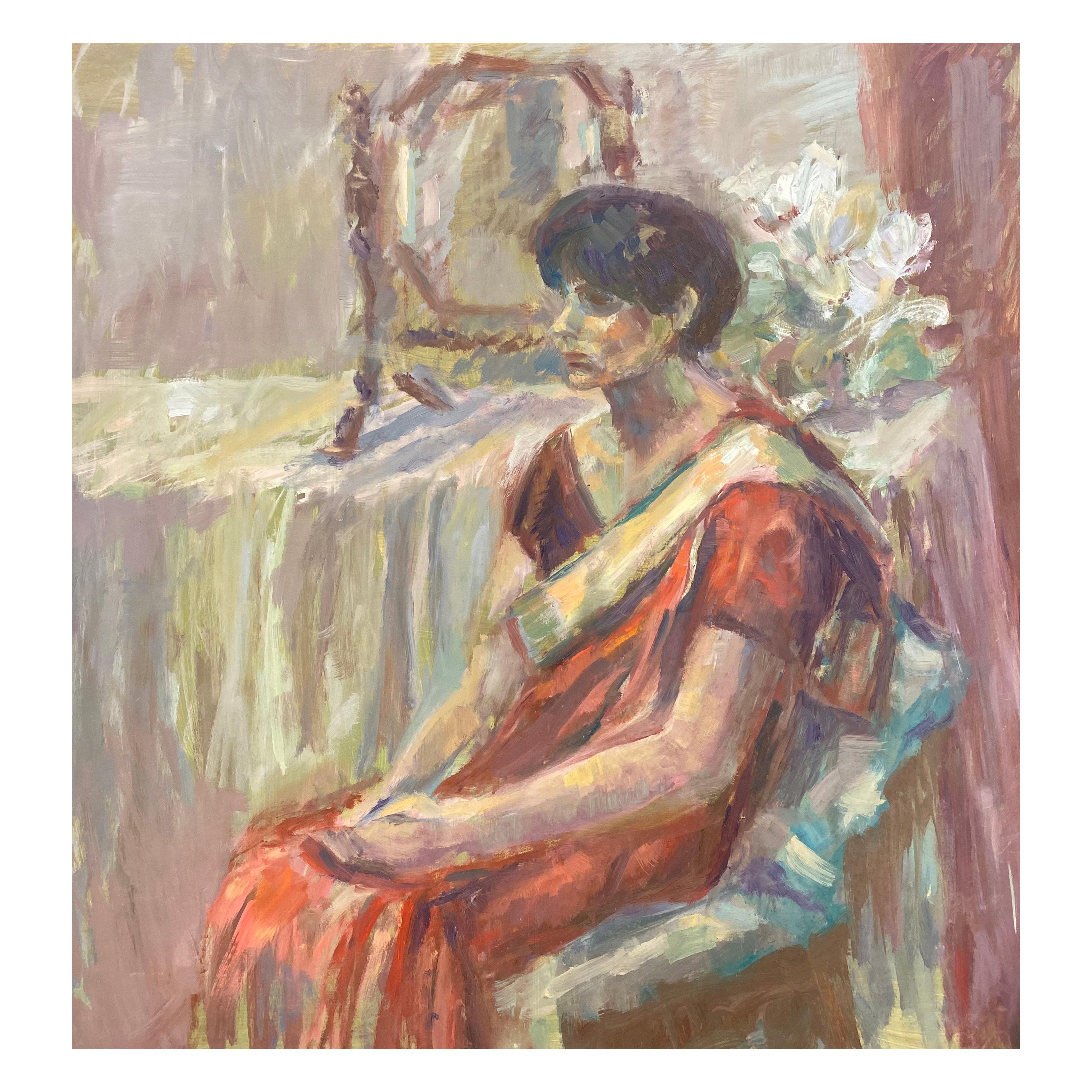Large 1960's British Original Oil Painting, Woman Sat on Chair For Sale