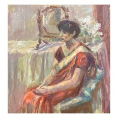 Large 1960's British Original Oil Painting, Woman Sat on Chair