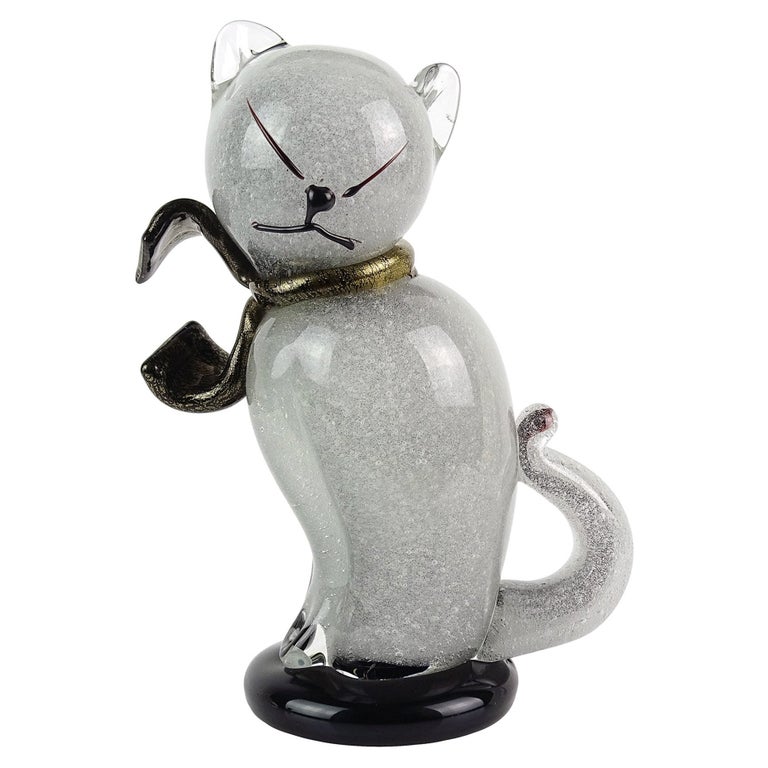 Barbini Murano Pulegoso Gray Gold Flecks Italian Art Glass Kitty Cat Sculpture For Sale