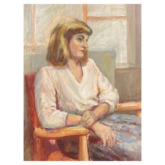 Grande peinture à l'huile originale britannique des années 1960 signée, Chic Lady On Chair ( dame chic sur chaise)