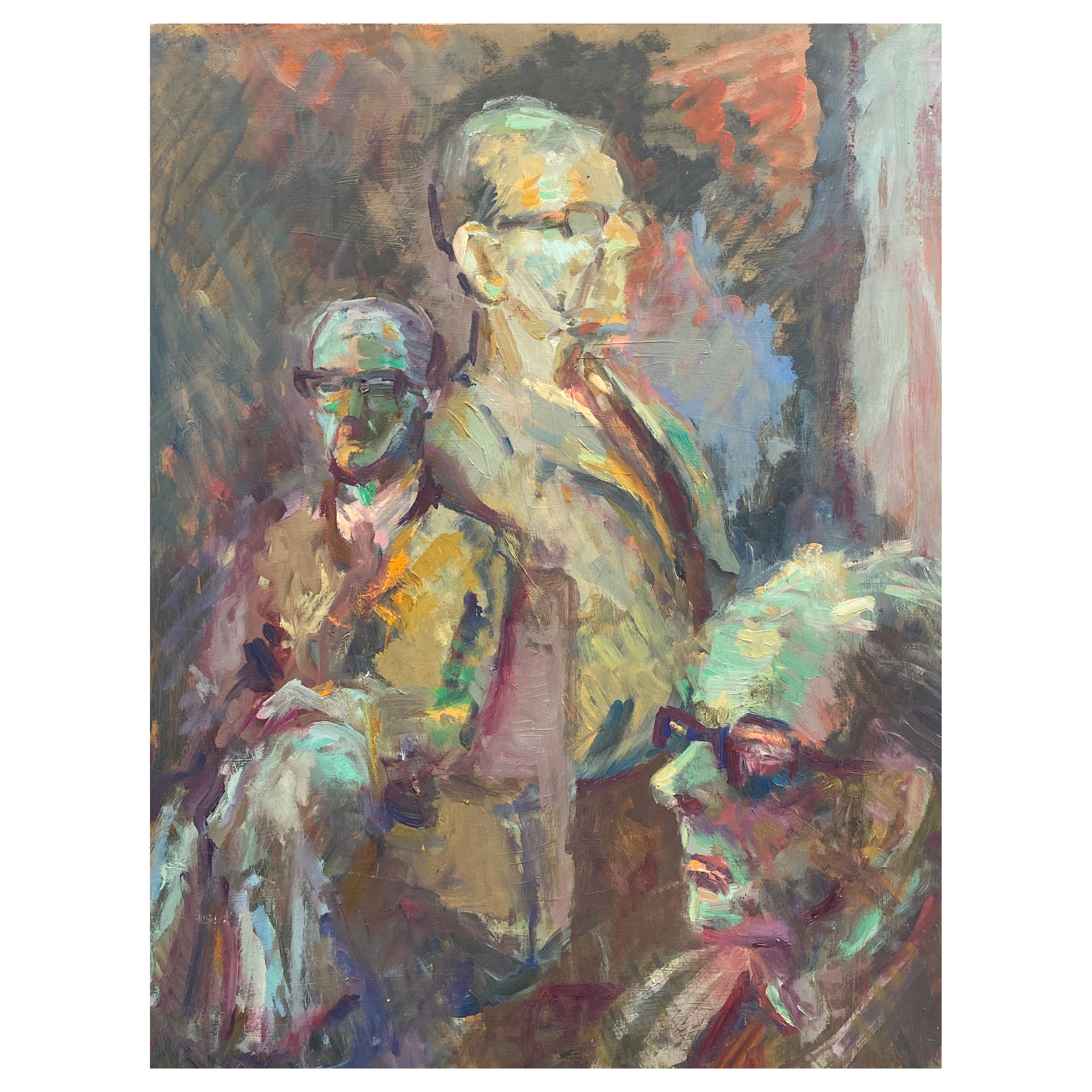Large 1960's British Original Oil Painting, Three Figures with Glasses For Sale