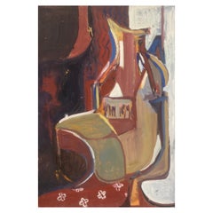 Peinture à l'huile originale britannique des années 1960, rouge froid abstrait