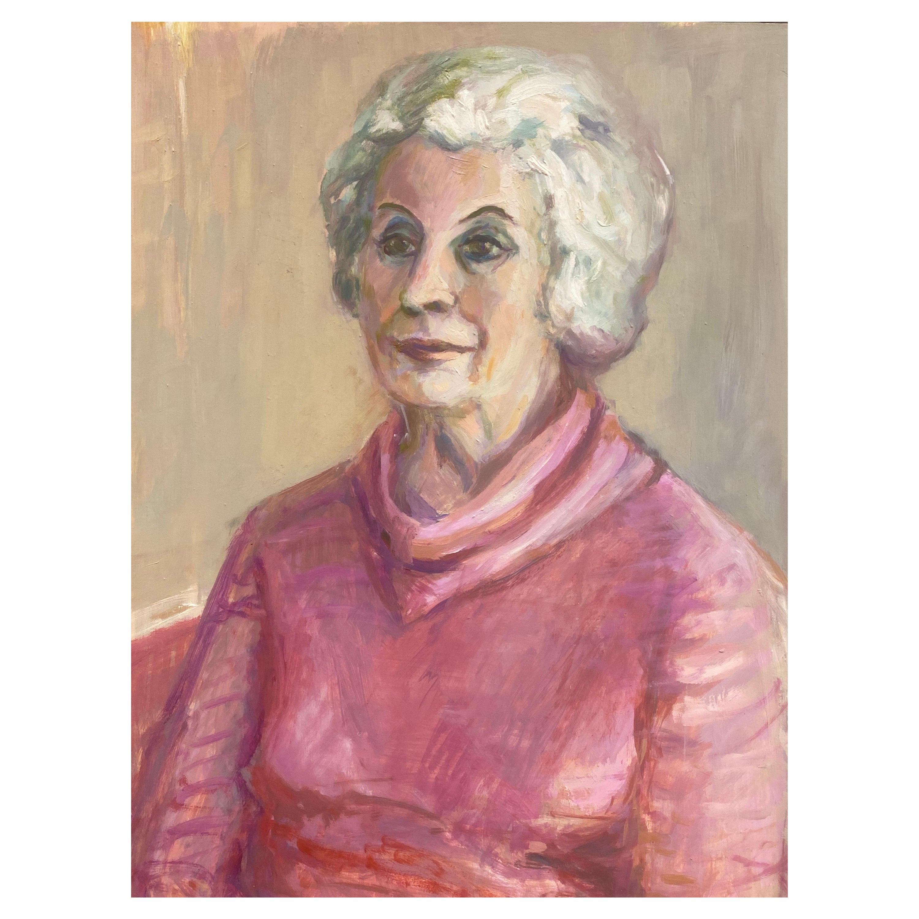 1960's British Original Oil Painting, Portrait of a Lady in Pink For Sale