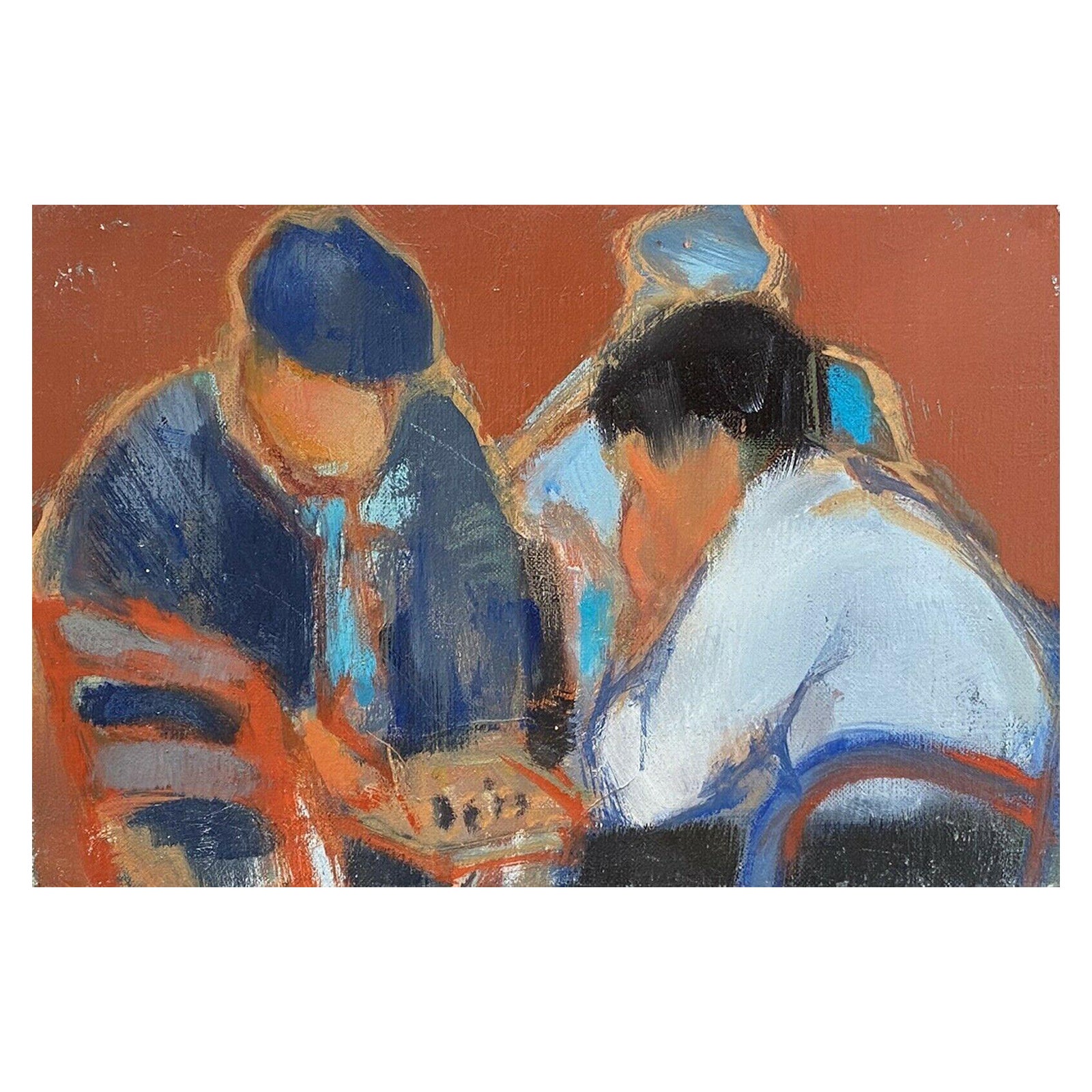 Rene Leroy, French Modernist Oil Painting, Figures Hunched over Board Game For Sale