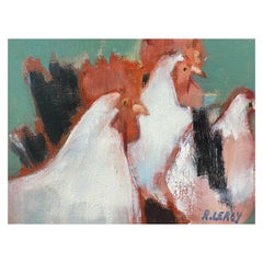 Leroy, Signed French Contemporary Modernist Painting, Chickens Roosters