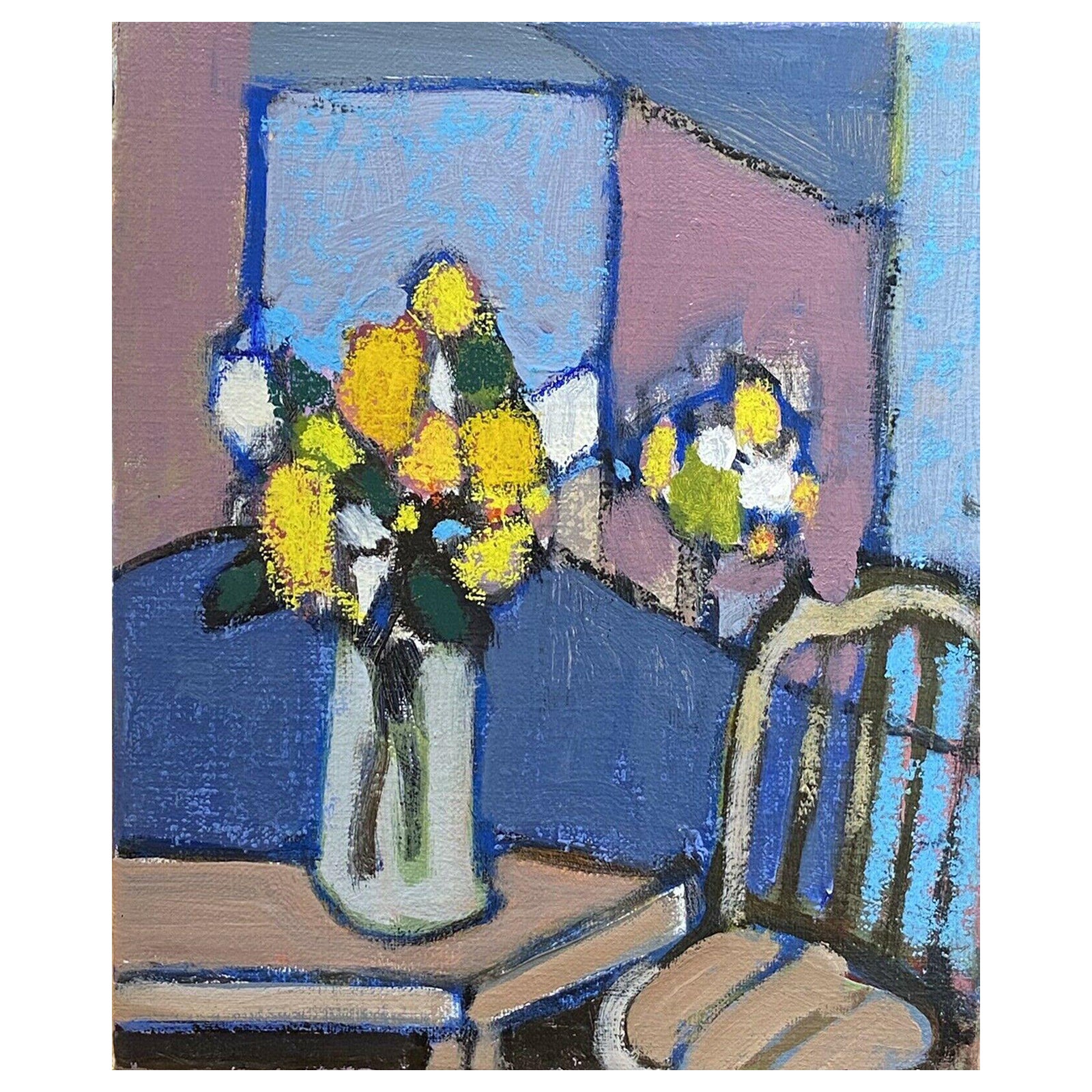 Rene Leroy, French Contemporary Modernist Painting, Interior with Flowers