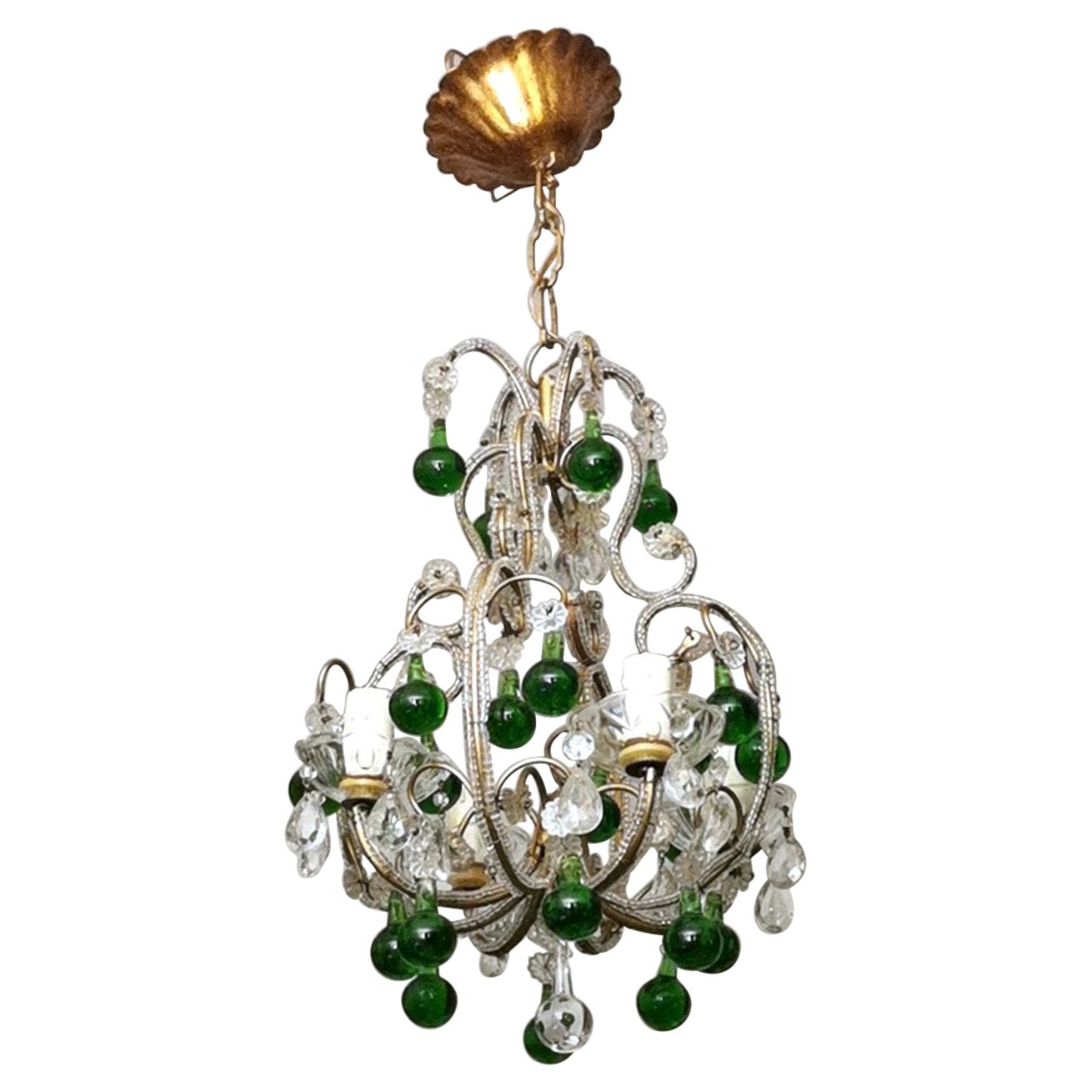 Florentine Craftsmanship Italian Brass Chandelier with Crystals and Green Glasse