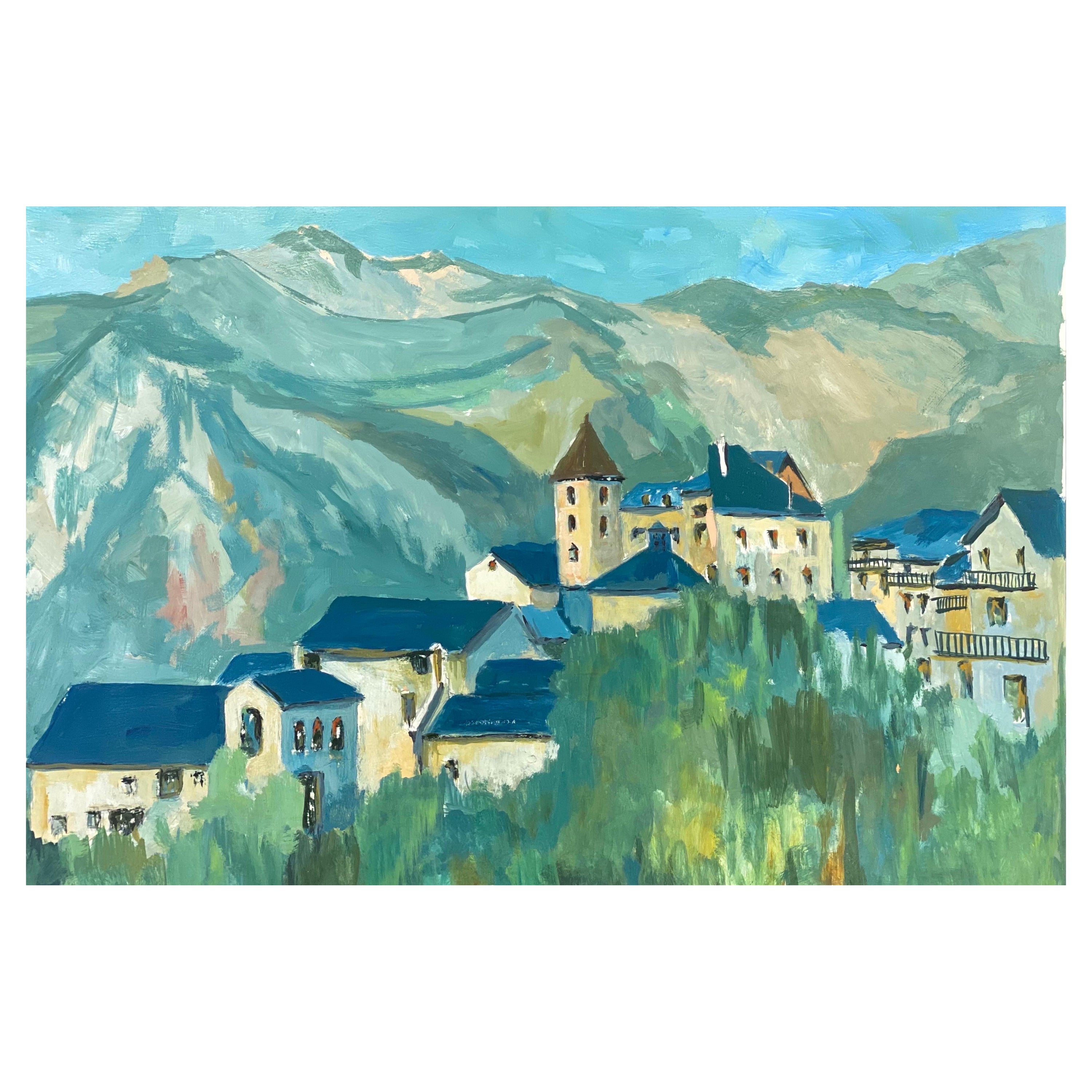 Peinture moderniste des années 1950, paysage à l'huile français aux couleurs vives et magnifiques