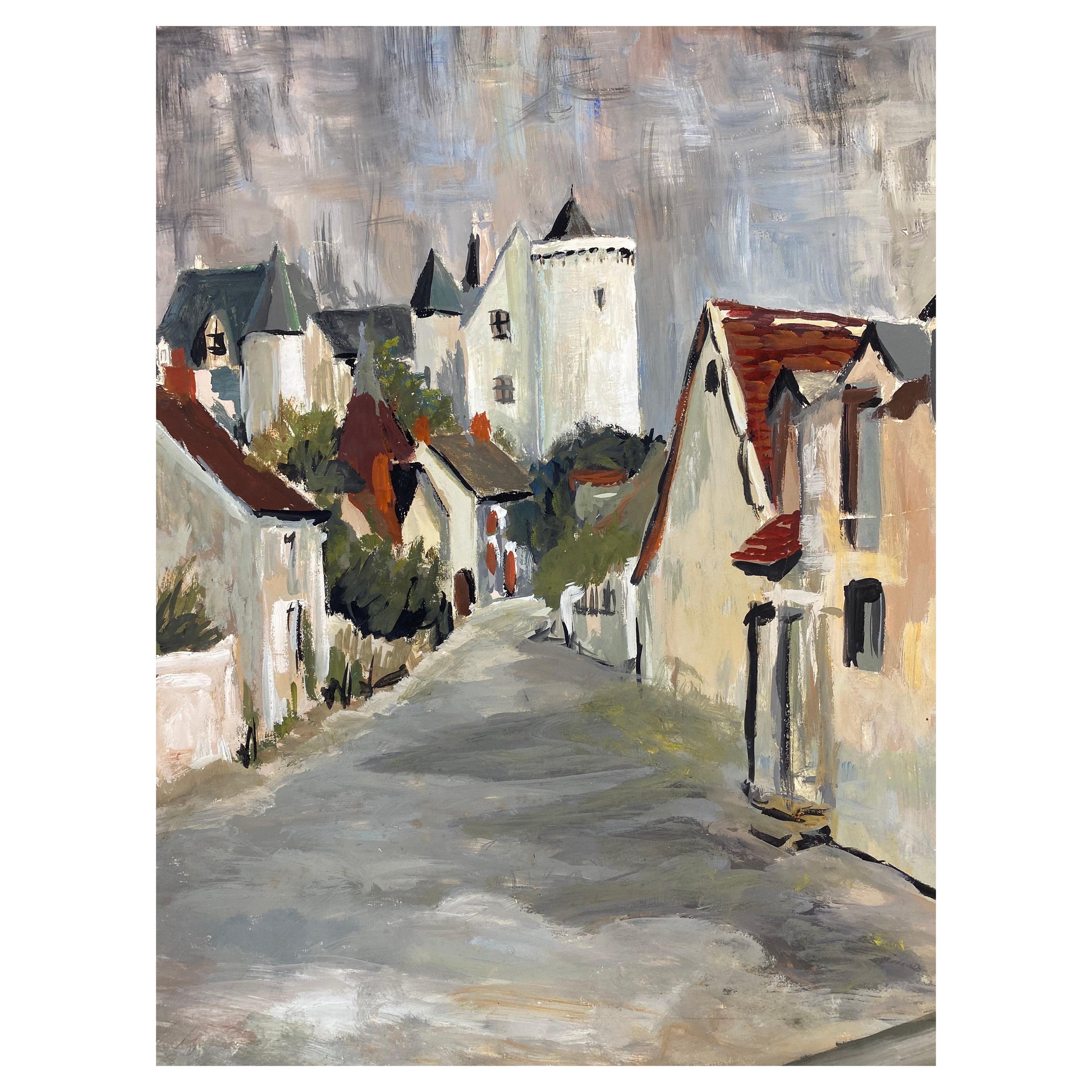 1950's Modernist Painting, Grey Skies Over French Peaceful Town For Sale