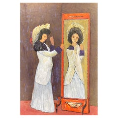 1950's Modernist Painting, Lady Reflection in Mirror