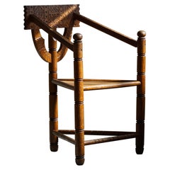 Swedish Sculptural Carved Monk Chair in Solid Oak, Wabi Sabi, Early 20th Century