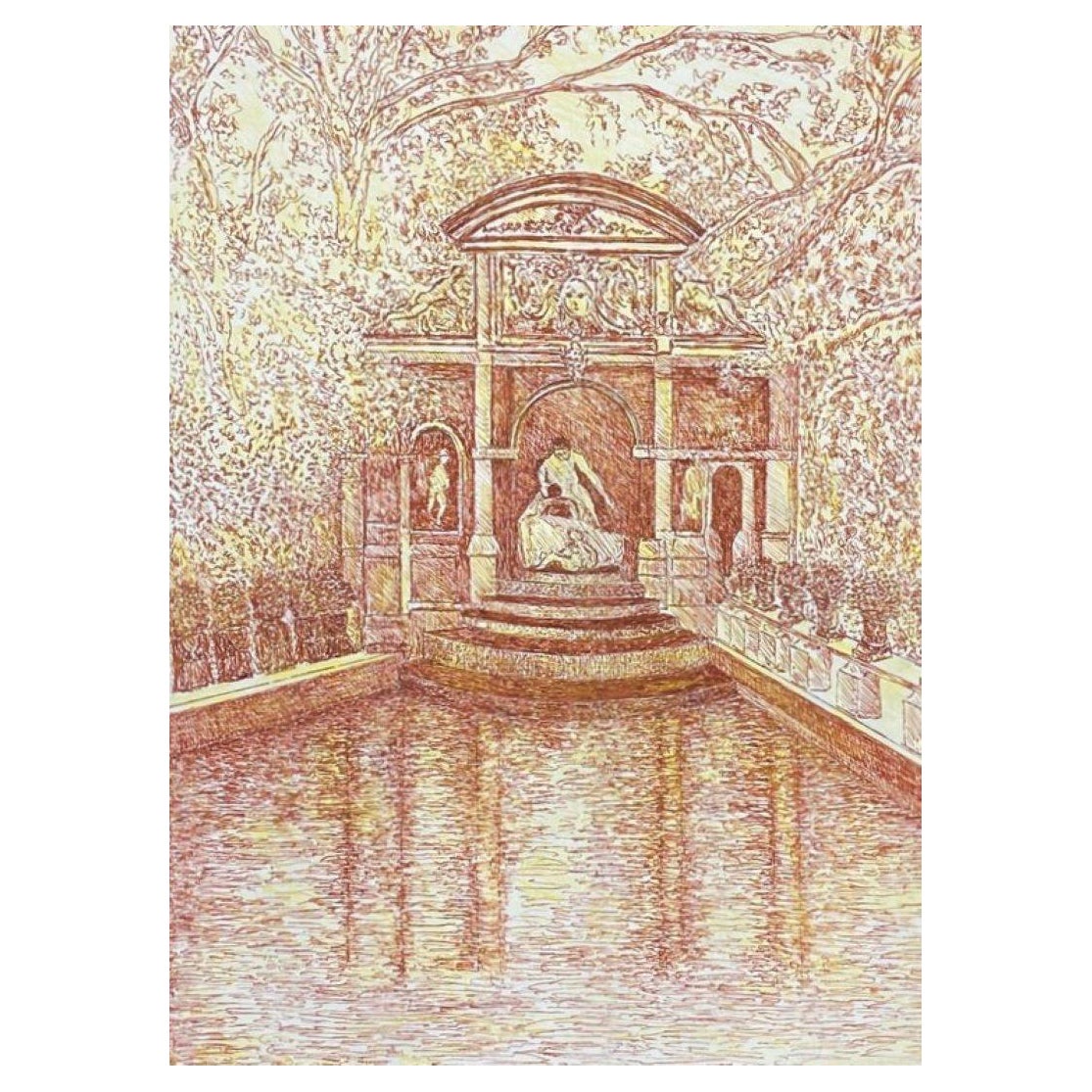 1950's Signed Modernist Painting, Fine Drawing of Historic Fountain For Sale