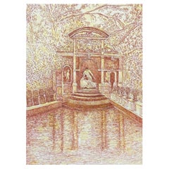 Vintage 1950's Signed Modernist Painting, Fine Drawing of Historic Fountain