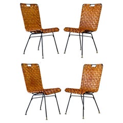 Midcentury Woven Cognac Leather + Wrought Iron Chairs, After Arthur Umanoff