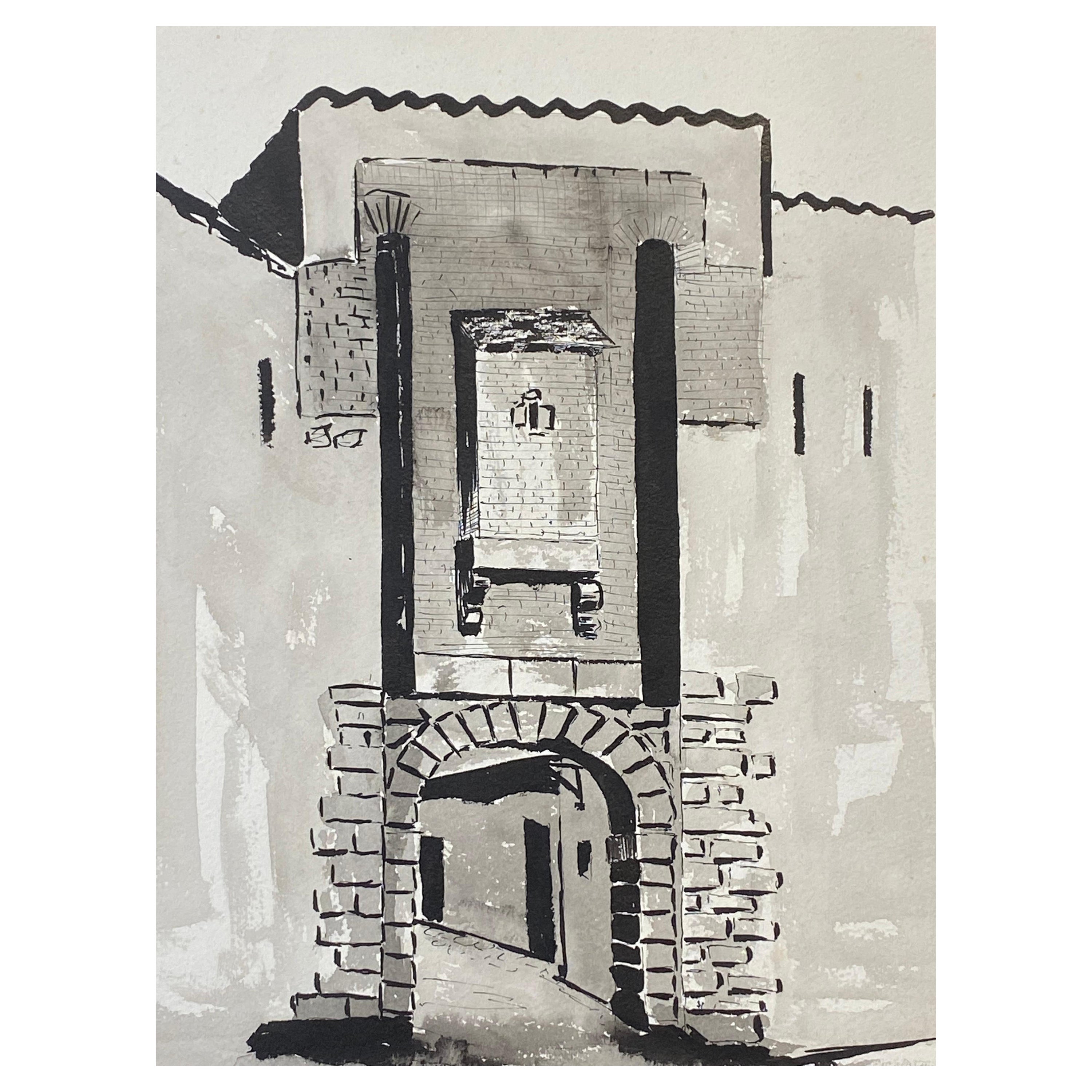 Peinture moderniste/ cubiste française des années 1950 signée, arche française en noir et blanc