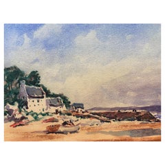 Vintage Maurice Mazeilie- French Impressionist Watercolour - by the Shore