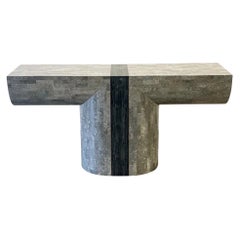 Maitland Smith Post Modern Console "Tee" Table in Tessellated Stone and Brass