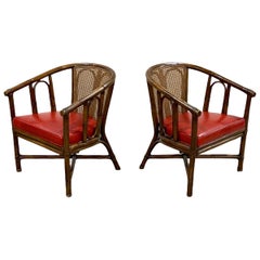Pair Mid-Century McGuire Barrel Back Arm Chairs, Organic Modern Rattan + Cane