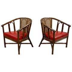 Vintage Pair Mid-Century McGuire Barrel Back Arm Chairs, Organic Modern Rattan + Cane