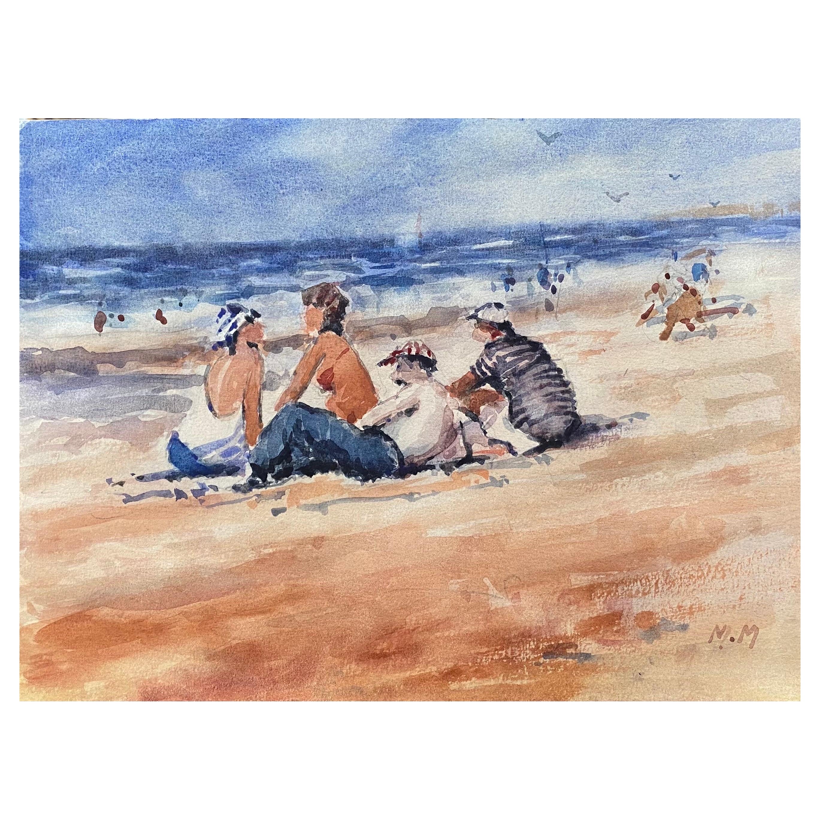 Maurice Mazeilie- French Impressionist Signed Watercolour - Figures at the Beach For Sale