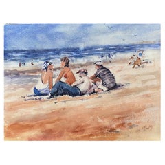 Maurice Mazeilie- French Impressionist Signed Watercolour - Figures at the Beach