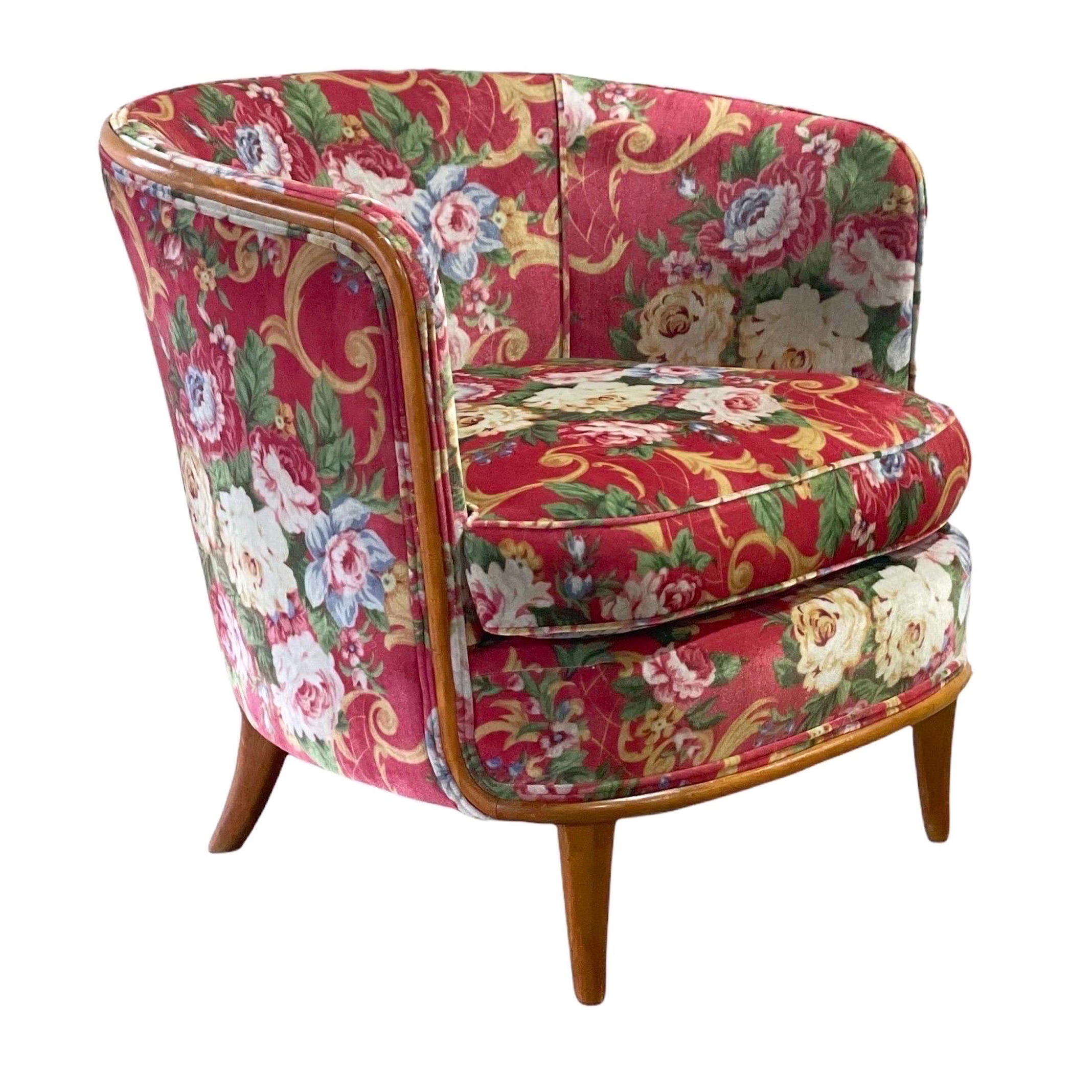 Floral Pink Velvet Midcentury Lounge Arm Chair, After TH Robsjohn Gibbings