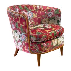 Floral Pink Velvet Midcentury Lounge Arm Chair, After TH Robsjohn Gibbings