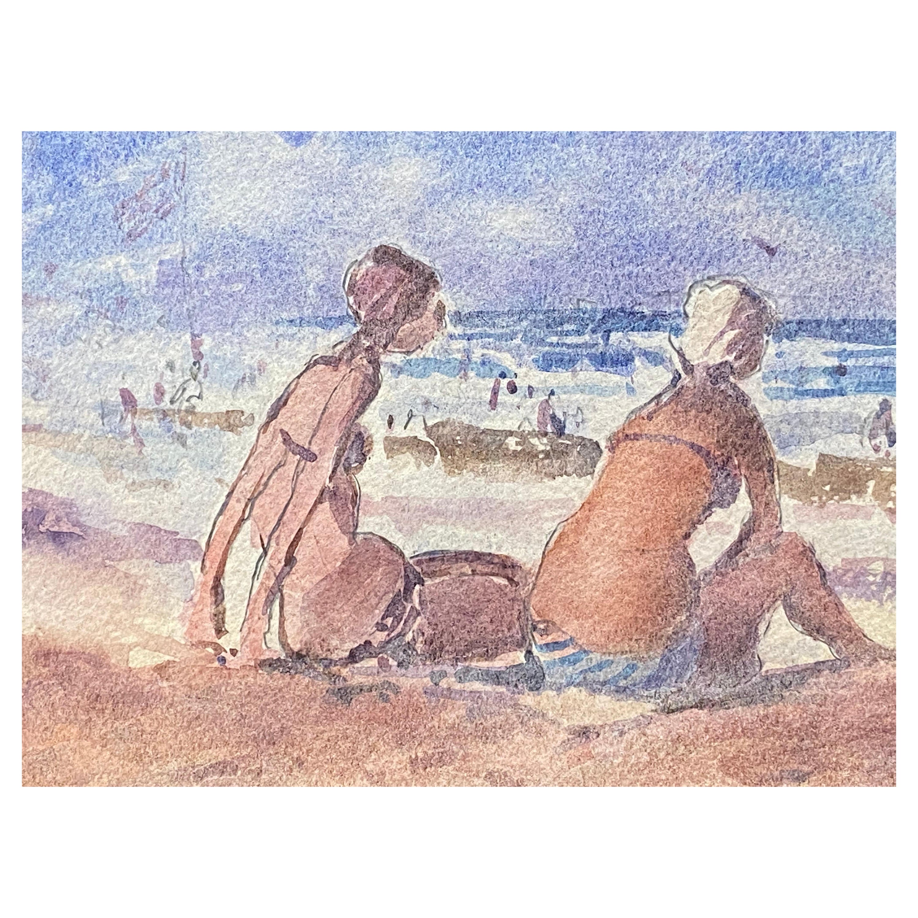 Aquarelle signée Maurice Mazeilie, impressionniste français - Jeunes filles en train de bainer de soleil 