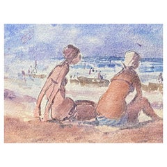 Maurice Mazeilie- French Impressionist Signed Watercolour - Girls Sunbathing 