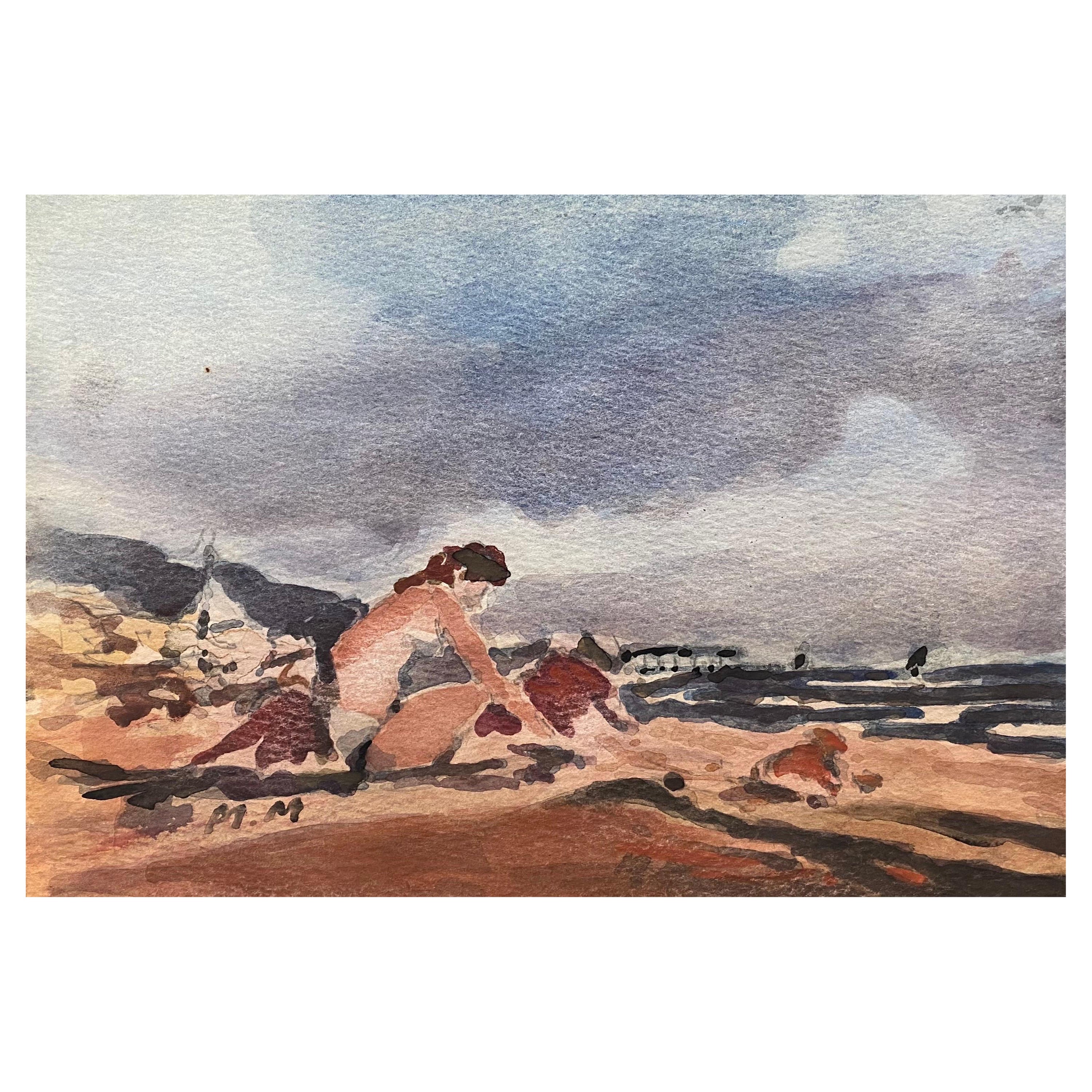 Aquarelle signée de Maurice Mazeilie, impressionniste français, Figure sur plage nuageuse