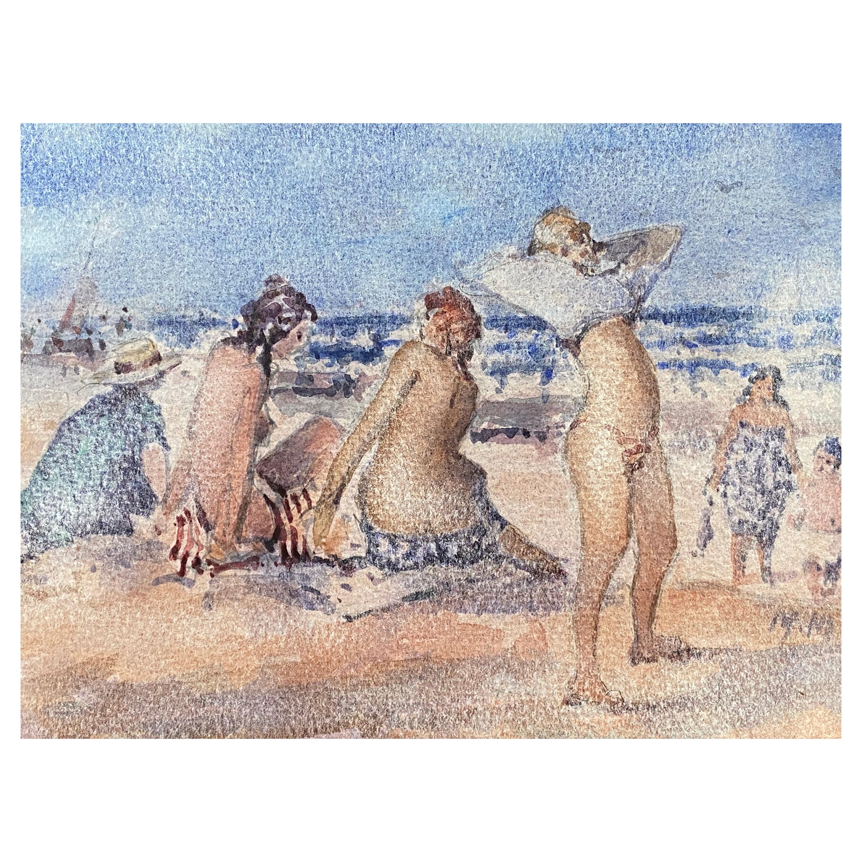 Aquarelle impressionniste française Maurice Mazeilie - Journée de plage pour filles en vente