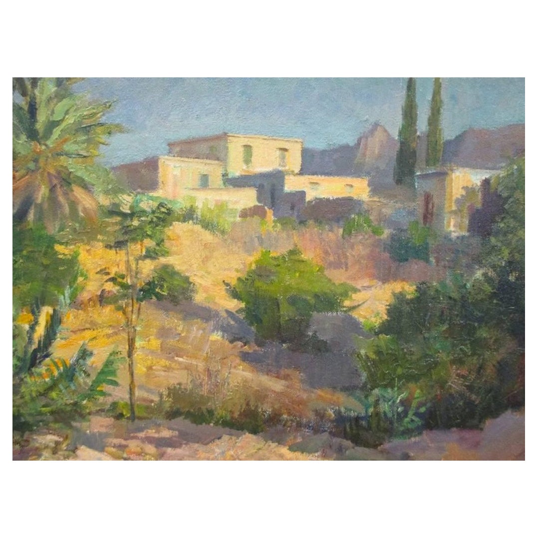 Magnifique paysage grec avec peinture à l'huile de villa en vente