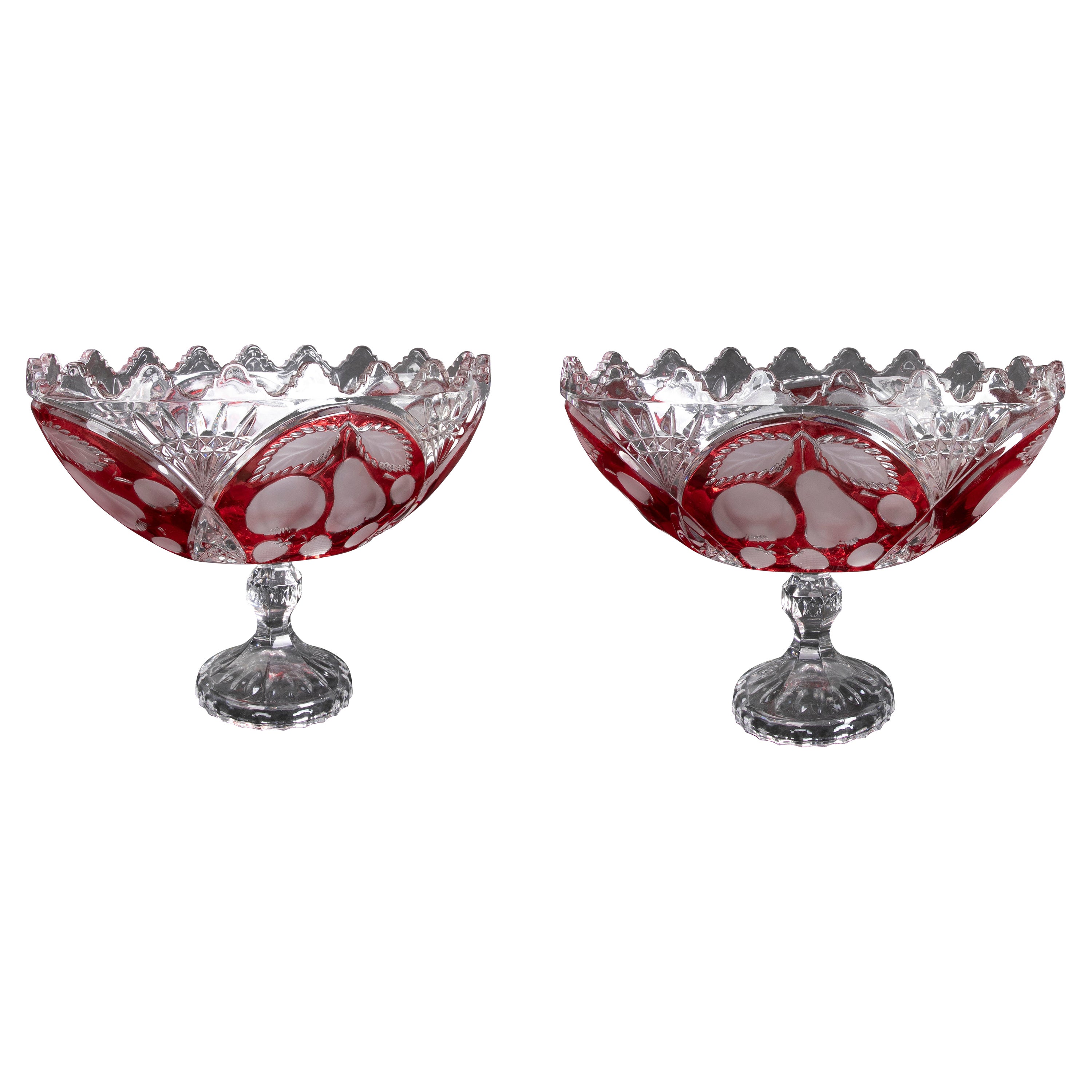 Hand-Carved Pair of Oval Crystal Vases with Red Decoration