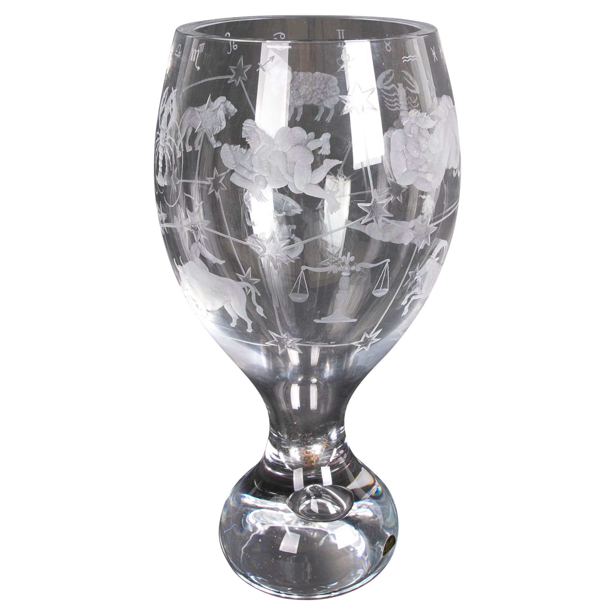 Hand-Cut Crystal Vase from the House of Mottl with Horoscope Scenes For Sale