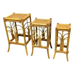 Set of Three Vintage Bohemian Rattan Bamboo Plant Stand Nesting Tables, Italy